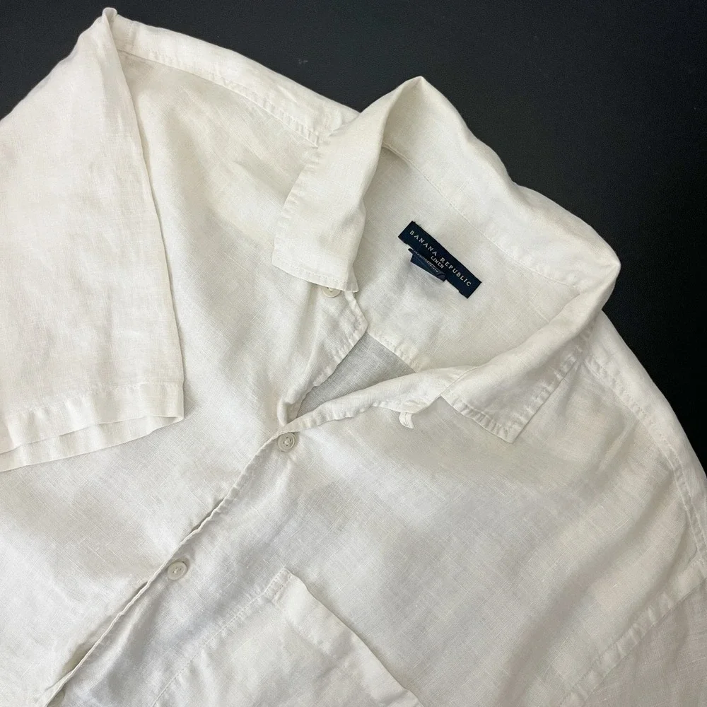 VTG Banana Republic Linen Camp Shirt Mens Medium Ivory Embroidery Beach FLAWS